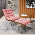 Poltrona Com Puff Giratório Costela Suede Rosê Base De Madeir