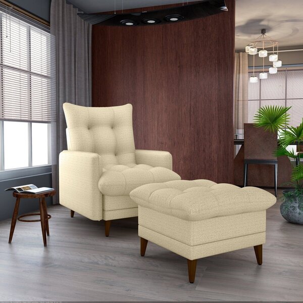 Poltrona Com Puff Para Sala De Estar Moderno Bege