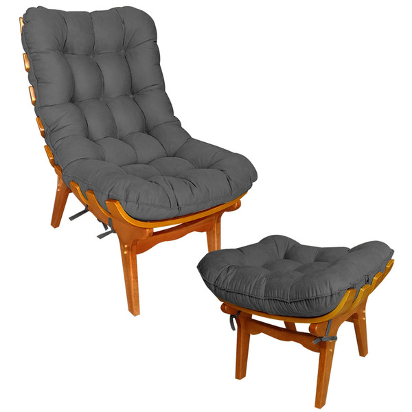 Poltrona Costela + Puff Decorativo - Suede Cinza