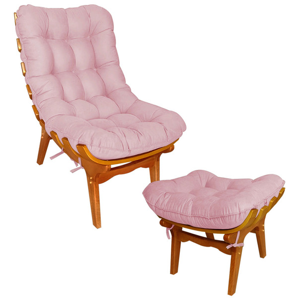 Poltrona Costela + Puff Decorativo - Suede Rosa Bebê