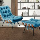 Poltrona Costela Com Puff Base Fixa Para Sala, Quarto Azul