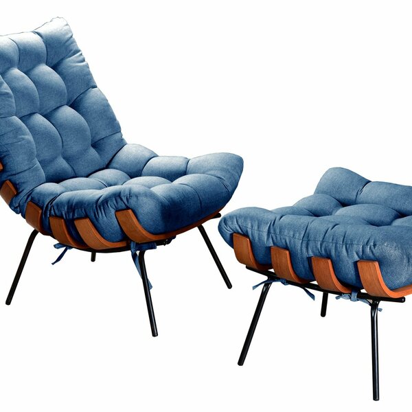 Poltrona Costela Com Puff Base Fixa Para Sala, Quarto Azul