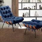 Poltrona Costela Com Puff Base Fixa Para Sala, Quarto Azul Ma