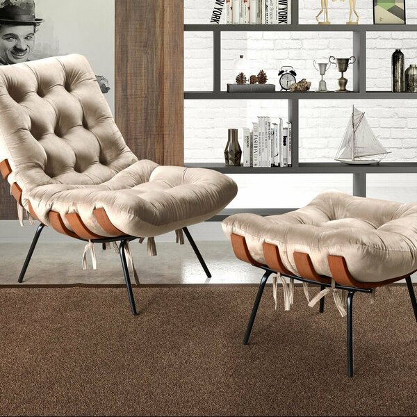 Poltrona Costela Com Puff Base Fixa Para Sala, Quarto Bege Cl