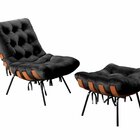 Poltrona Costela Com Puff Base Fixa Para Sala, Quarto Preto