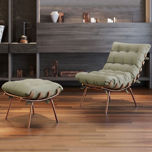 Poltrona Costela Com Puff Cobre/linho Bege 3965 - Mais Decor