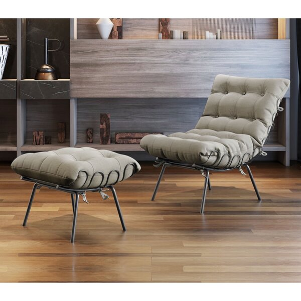 Poltrona Costela Com Puff Costela M07  Preto/linho Areia