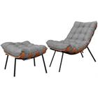 Poltrona Costela Com Puff Tecido Linho Cinza