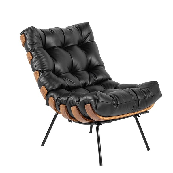 Poltrona Costela Couro Legítimo Preto Base Metálica Preto - D