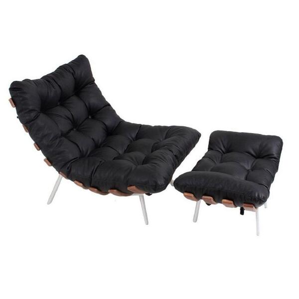 Poltrona Costela E Banqueta Em Couro Preta Imbuia Artezanal