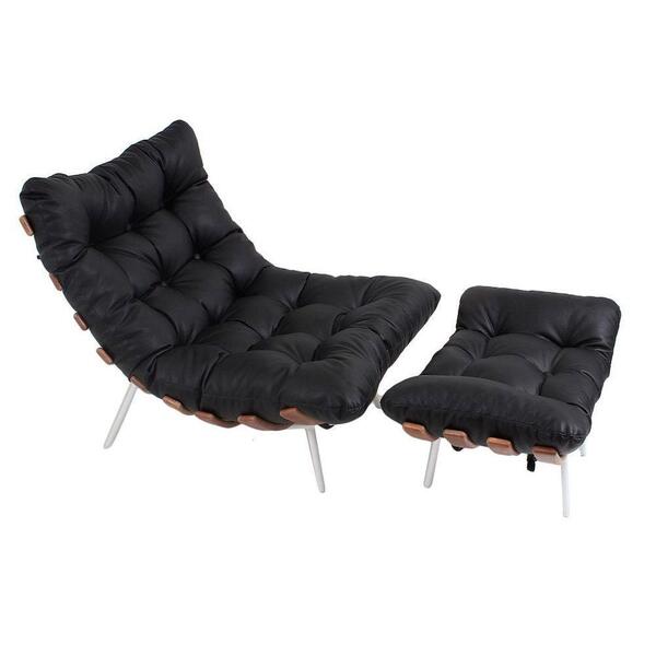 Poltrona Costela E Banqueta Em Couro Preta Natural Artezanal