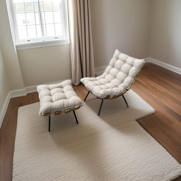 Poltrona Costela G2home + Puff Linho Bege Lâmina Madeira