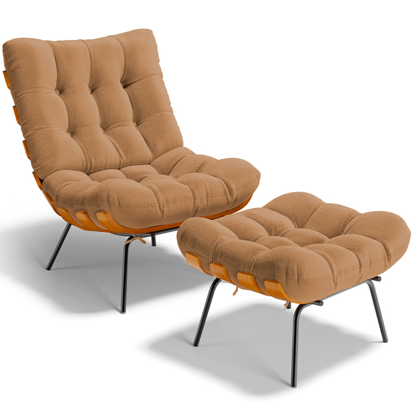 Poltrona Costela L02 Com Puff Sala De Estar Bouclê Mostarda -