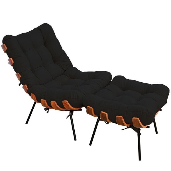 Poltrona Costela L02 Com Puff Sala De Estar Suede Preto - Lya