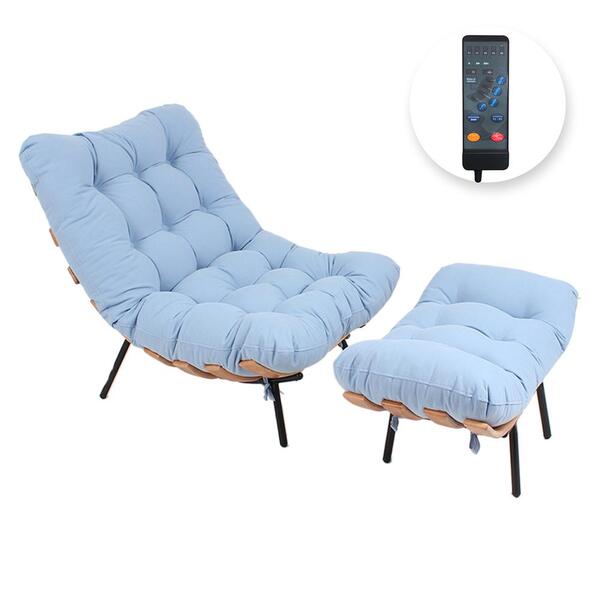 Poltrona Costela Massageadora E Pufe Em Sarja Azul Vintage -