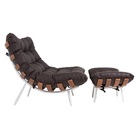 Poltrona Costela Original Com Banqueta Em Couro Marrom Natura