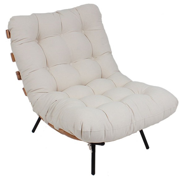 Poltrona Costela Original Em Sarja Cru Natural Base Preta