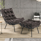 Poltrona Costela Preto L04 Com Puff Sala De Estar Couro Marro