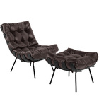 Poltrona Costela Preto L04 Com Puff Sala De Estar Couro Marro