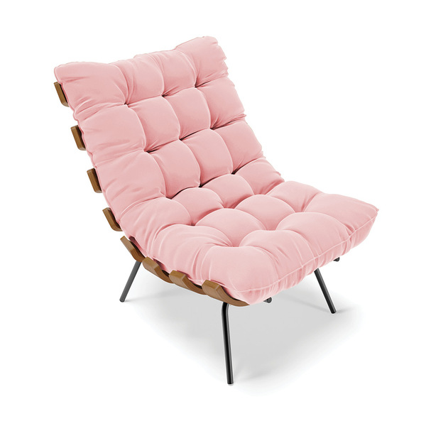 Poltrona Costela Suede Rosa Bebê Base Industrial Preto M11 -