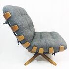 Poltrona Costela Tecido Linho Grafite Giratória Base Madeira