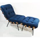 Poltrona Costela Veludo Azul Marinho Com Puff - Poltronas Do