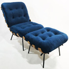 Poltrona Costela Veludo Azul Marinho Com Puff - Poltronas Do