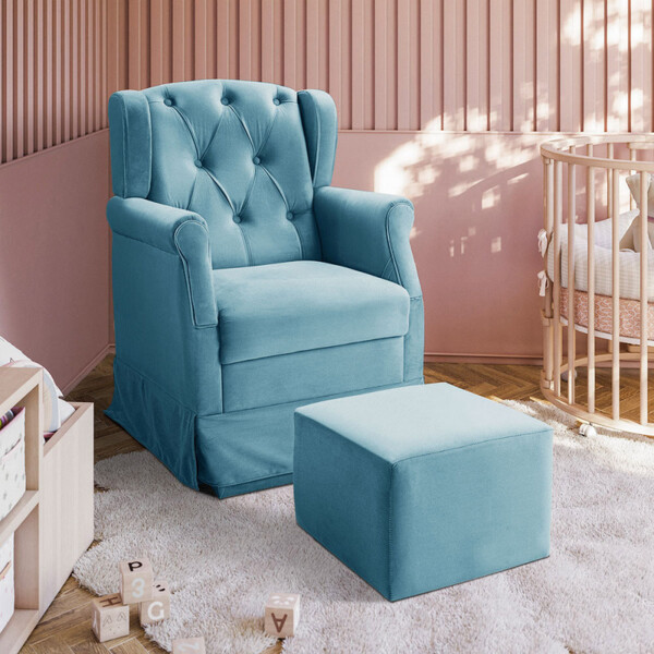Poltrona De Amamentação Balanço Com Puff Ternura Corano Azul