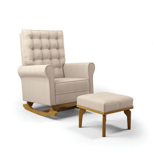 Poltrona De Amamentação Balanço E Puff Manu Base Madeira Linh