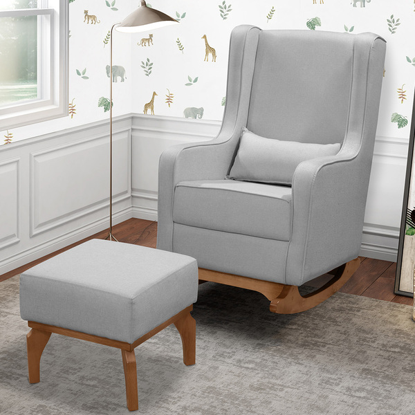 Poltrona De Amamentação Com Balanço E Puff Retrô Nalia Linho