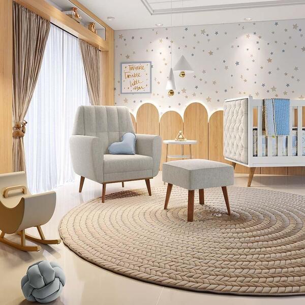 Poltrona De Amamentação Com Puff Luar Linho Cinza