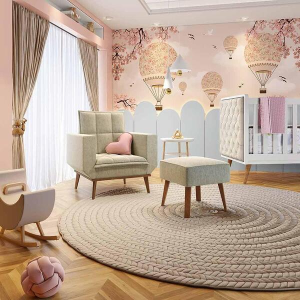 Poltrona De Amamentação Com Puff Marissol Linho Claro Areia C