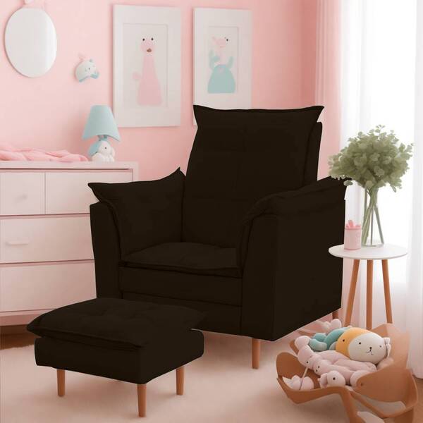 Poltrona De Amamentação E Puff Ariel Suede Marrom Pés Palito