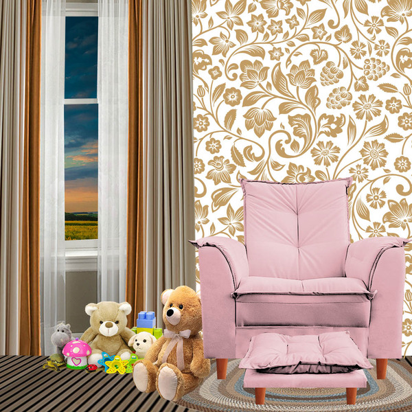 Poltrona De Amamentação Nicole Com Puff Suede Rosa