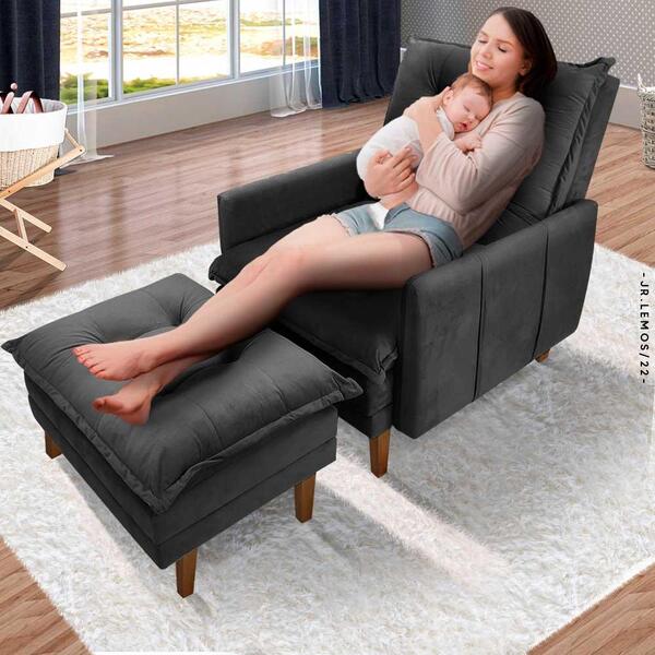 Poltrona De Amamentação Reclinável Com Puff Veludo Preto Arge