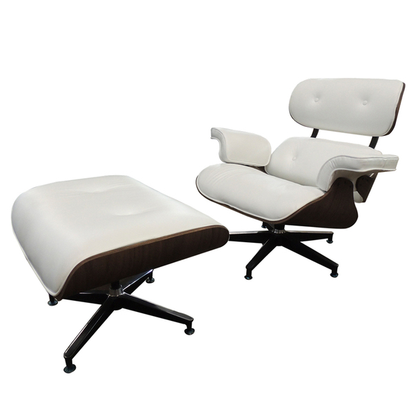 Poltrona De Couro Com Puff Charles Eames Branco Pigmentado -