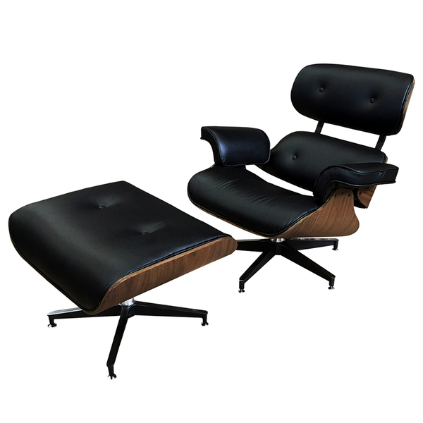 Poltrona De Couro Com Puff Charles Eames - Preto