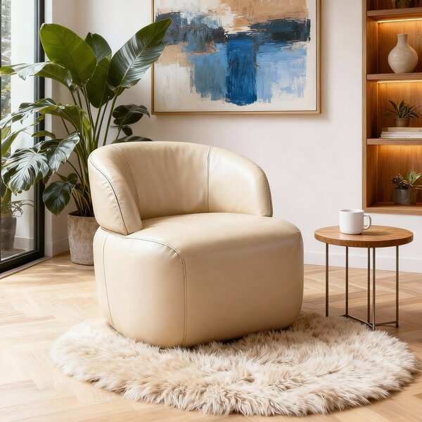 Poltrona De Couro Legítimo Giratória Luna Off White