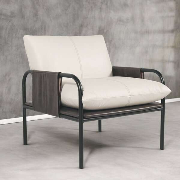 Poltrona De Couro Legítimo Mona Com Pés Em Metal Branco/preto