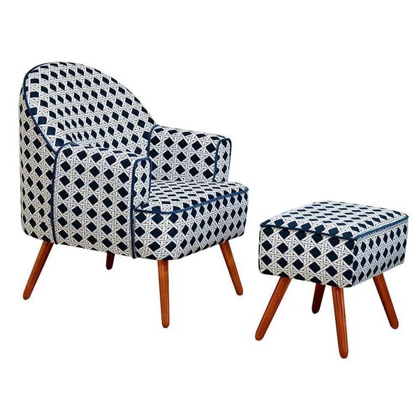 Poltrona Decorativa Agata Com Puff Pés Palito Azul Marinho -