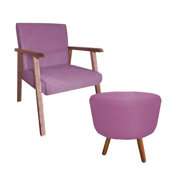 Poltrona Decorativa Alexa Com Puff Redondo Suede Rosa