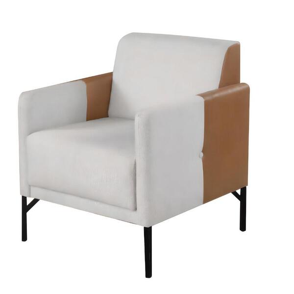 Poltrona Decorativa América Linho Mesclado Couro Bege Metal P