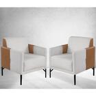 Poltrona Decorativa América Linho Mesclado Couro Bege Metal P