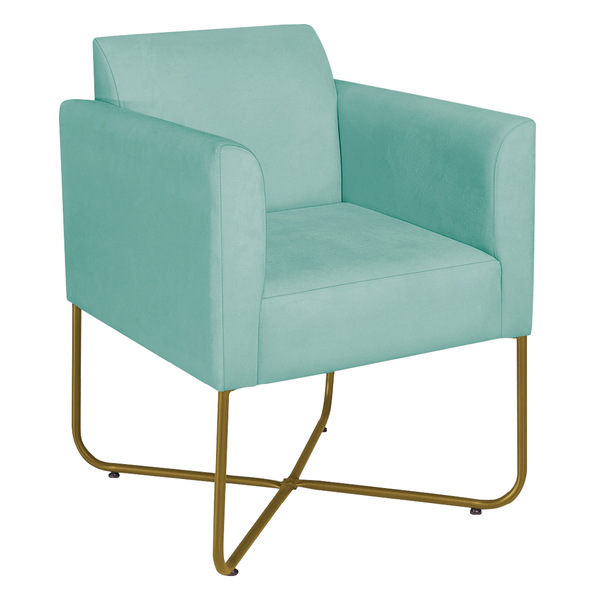 Poltrona Decorativa Andréia Base X Dourada Suede - Azul Tiffa