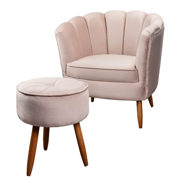 Poltrona Decorativa Ariel Petala E Puff Com Pés De Madeira St