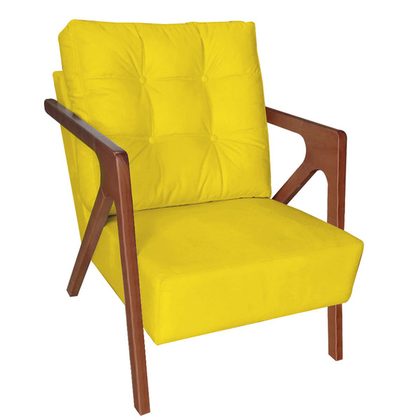Poltrona Decorativa Atena Suede Amarelo Pés Madeira