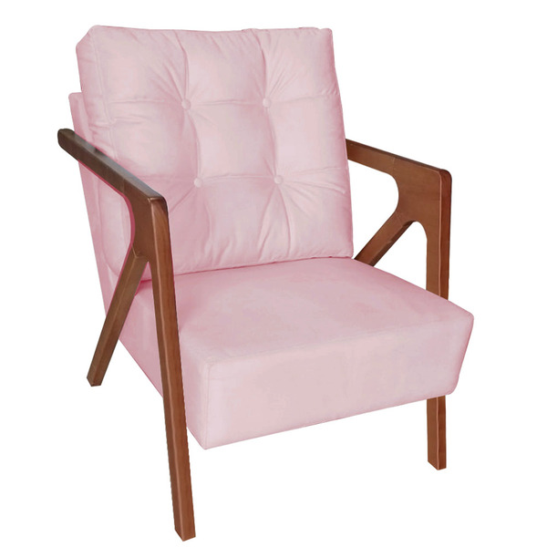 Poltrona Decorativa Atena Suede Rosa Bebe Pés Madeira