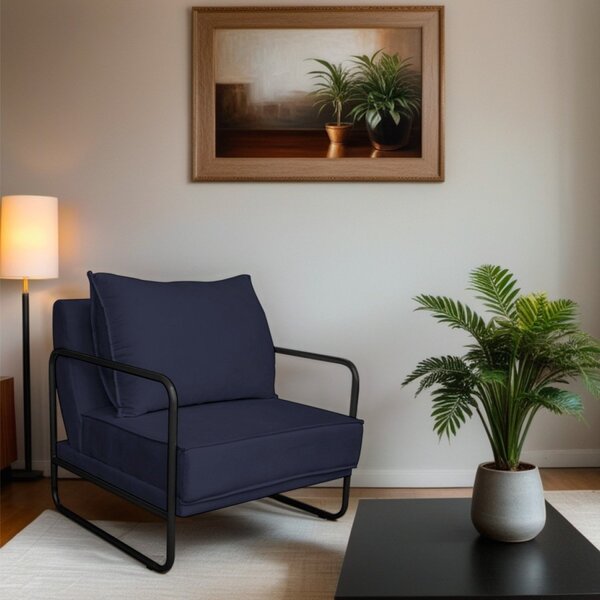 Poltrona Decorativa Base De Ferro Corino Santiago Azul Marinh