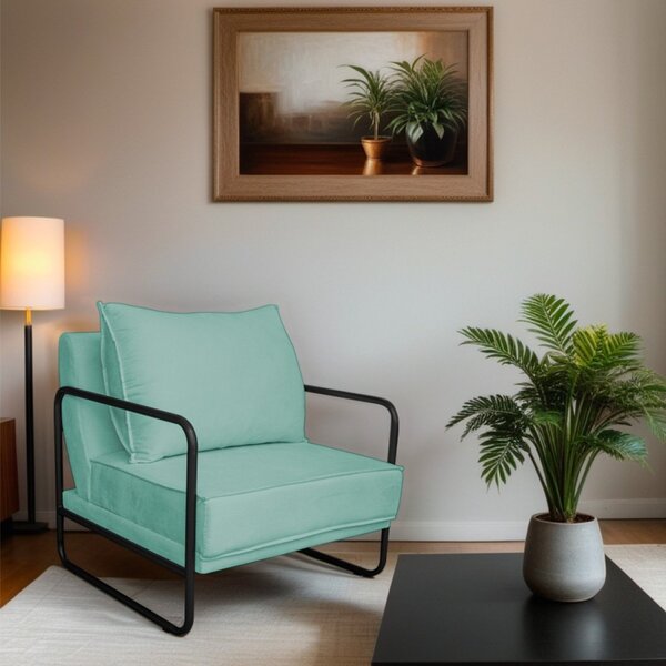 Poltrona Decorativa Base De Ferro Linho Santiago Azul Turques