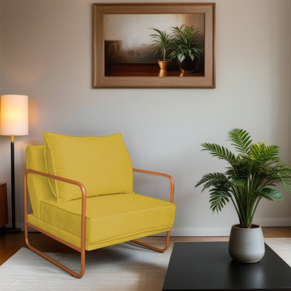 Poltrona Decorativa Base De Ferro Suede Santiago Amarelo/bron